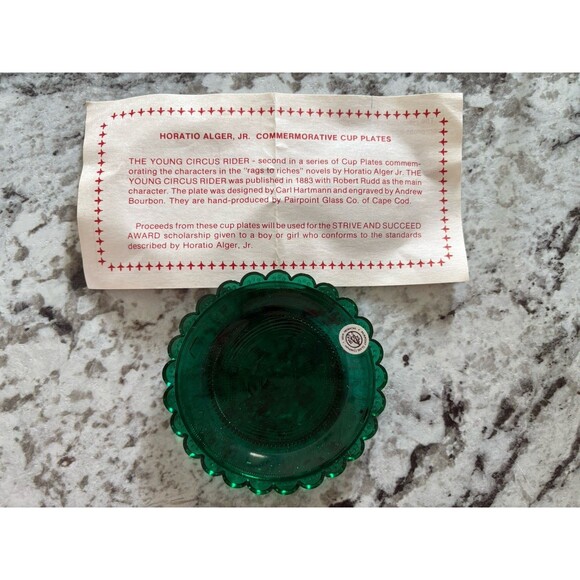 Horatio Alger Society Green cup plate Pairpoint Glass  The Young Circus Rider - Picture 7 of 8